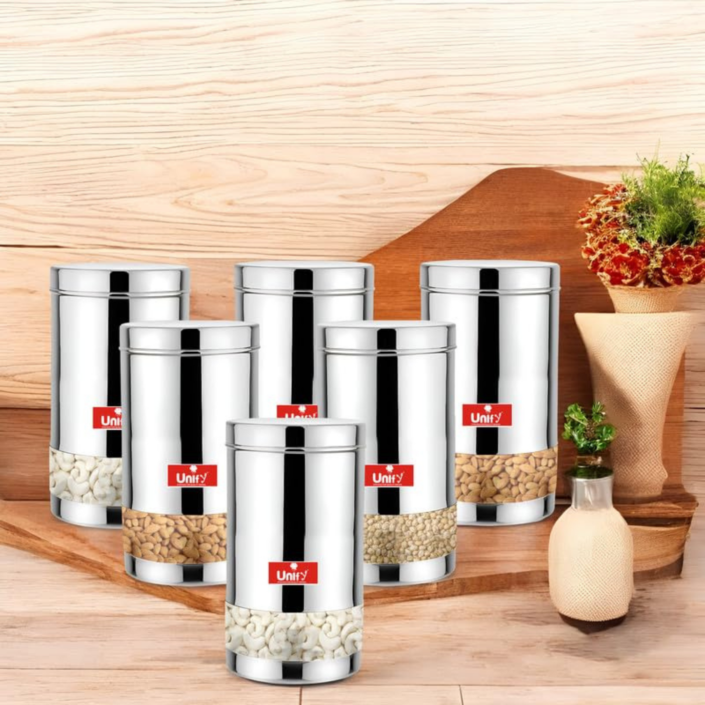 6-Piece Stainless Steel Container Set | 900ML Airtight Jars for Home & Kitchen - Ideal for Spices, Food Grains, Nuts, Glossy Finish