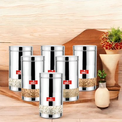 6-Piece Stainless Steel Container Set | 900ML Airtight Jars for Home & Kitchen - Ideal for Spices, Food Grains, Nuts, Glossy Finish