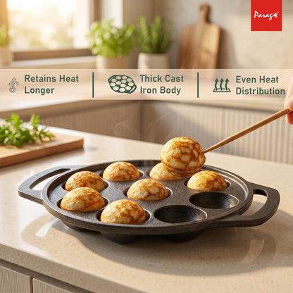 Cast Iron Paniyaram Appe Pan, 9 Pits, Appam Maker & Paniyaram Tawa, Heavy Duty Naturally Non-Stick Cast Iron Cookwar – Parage