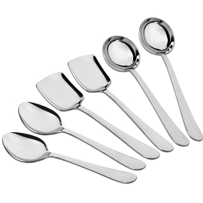 6-Piece Stainless Steel Serving Spoon Set | Heavy Gauge 1.8mm, 2 Soup, 2 Solid & 2 Rice Spoons (Silver)
