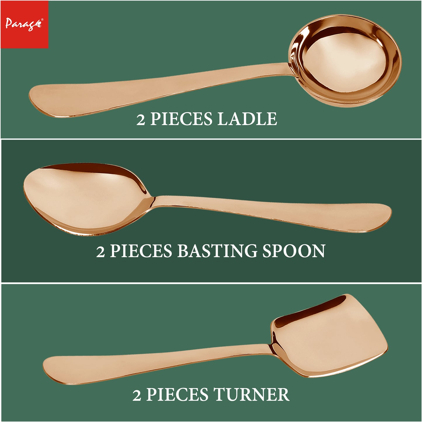 6-Piece Stainless Steel Rose Gold Serving Spoon Set | Heavy Gauge 1.8mm, 2 Soup, 2 Solid & 2 Rice Spoons