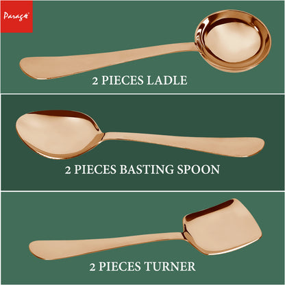 6-Piece Stainless Steel Rose Gold Serving Spoon Set | Heavy Gauge 1.8mm, 2 Soup, 2 Solid & 2 Rice Spoons