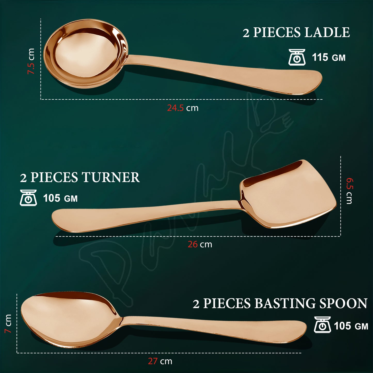 6-Piece Stainless Steel Rose Gold Serving Spoon Set | Heavy Gauge 1.8mm, 2 Soup, 2 Solid & 2 Rice Spoons