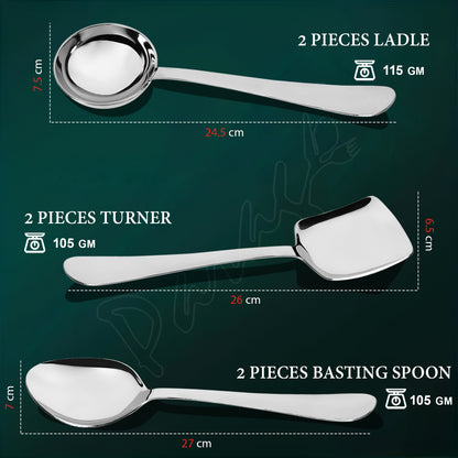 6-Piece Stainless Steel Serving Spoon Set | Heavy Gauge 1.8mm, 2 Soup, 2 Solid & 2 Rice Spoons (Silver)