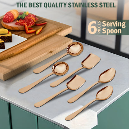 6-Piece Stainless Steel Rose Gold Serving Spoon Set | Heavy Gauge 1.8mm, 2 Soup, 2 Solid & 2 Rice Spoons