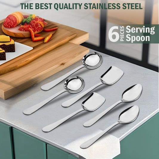 6-Piece Stainless Steel Serving Spoon Set | Heavy Gauge 1.8mm, 2 Soup, 2 Solid & 2 Rice Spoons (Silver)