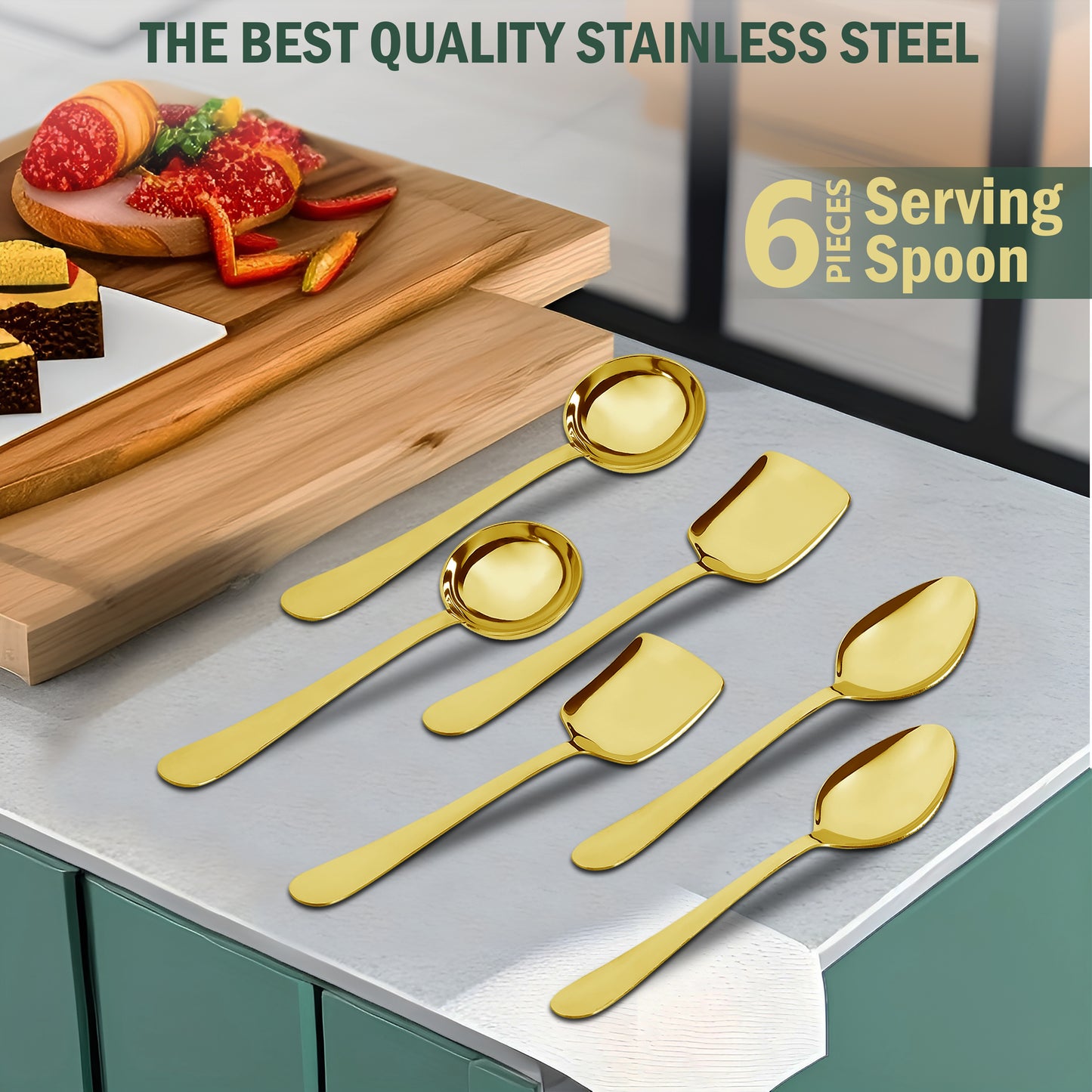 Serving Spoon Set | 6 pcs | Stainless Steel | Gold | Heavy Gauge