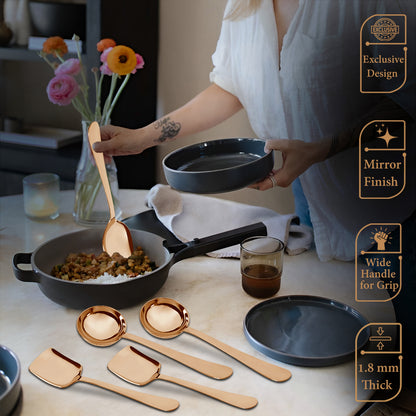 6-Piece Stainless Steel Rose Gold Serving Spoon Set | Heavy Gauge 1.8mm, 2 Soup, 2 Solid & 2 Rice Spoons