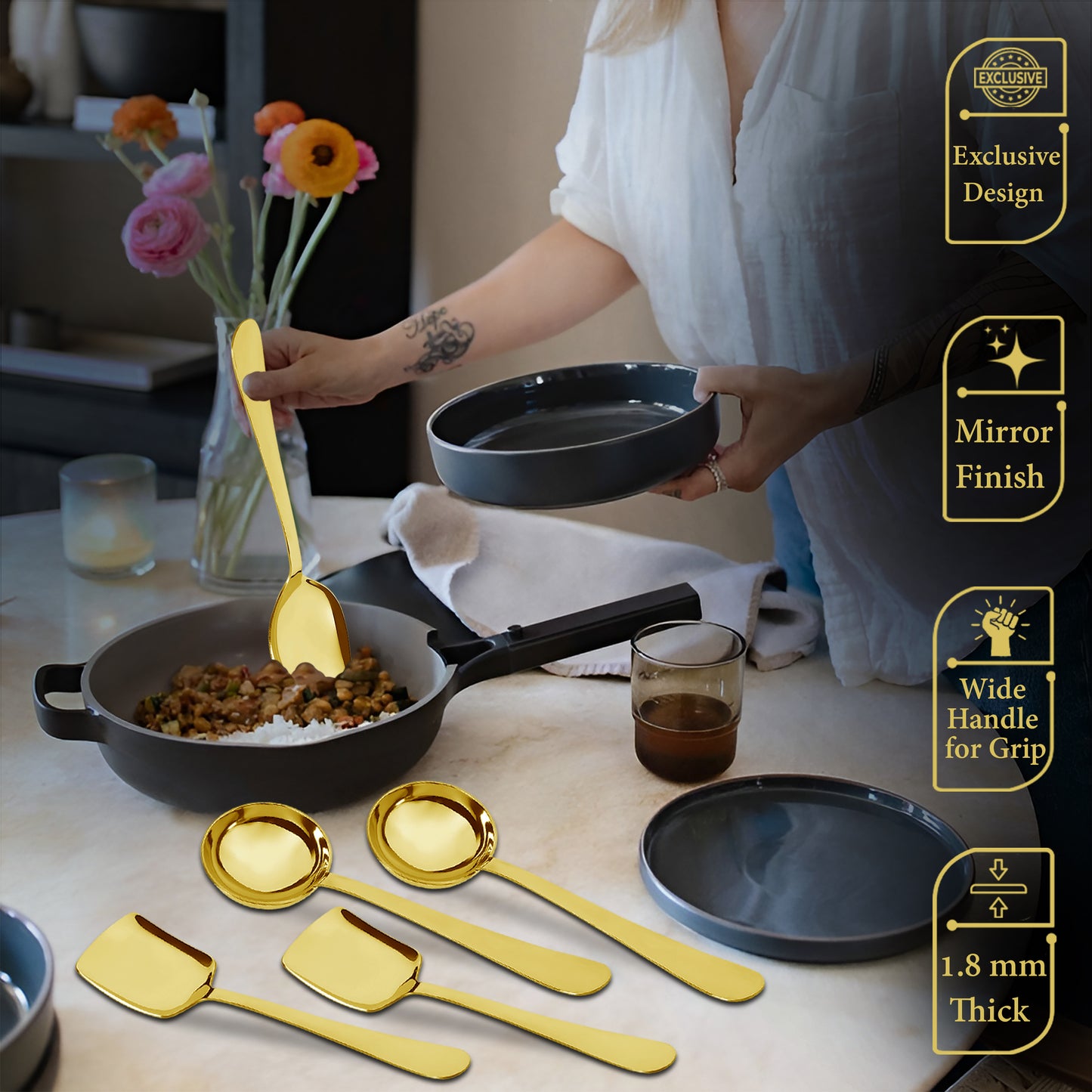Serving Spoon Set | 6 pcs | Stainless Steel | Gold | Heavy Gauge