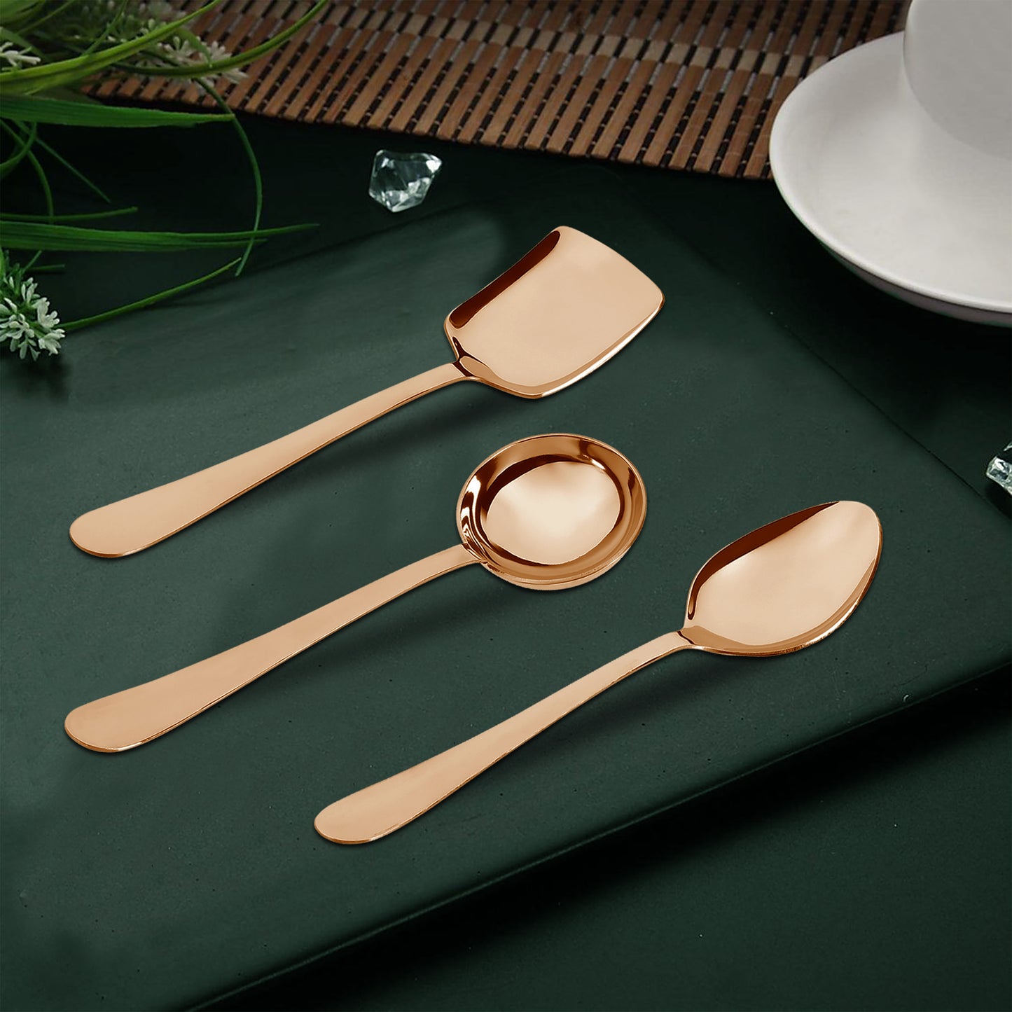 6-Piece Stainless Steel Rose Gold Serving Spoon Set | Heavy Gauge 1.8mm, 2 Soup, 2 Solid & 2 Rice Spoons