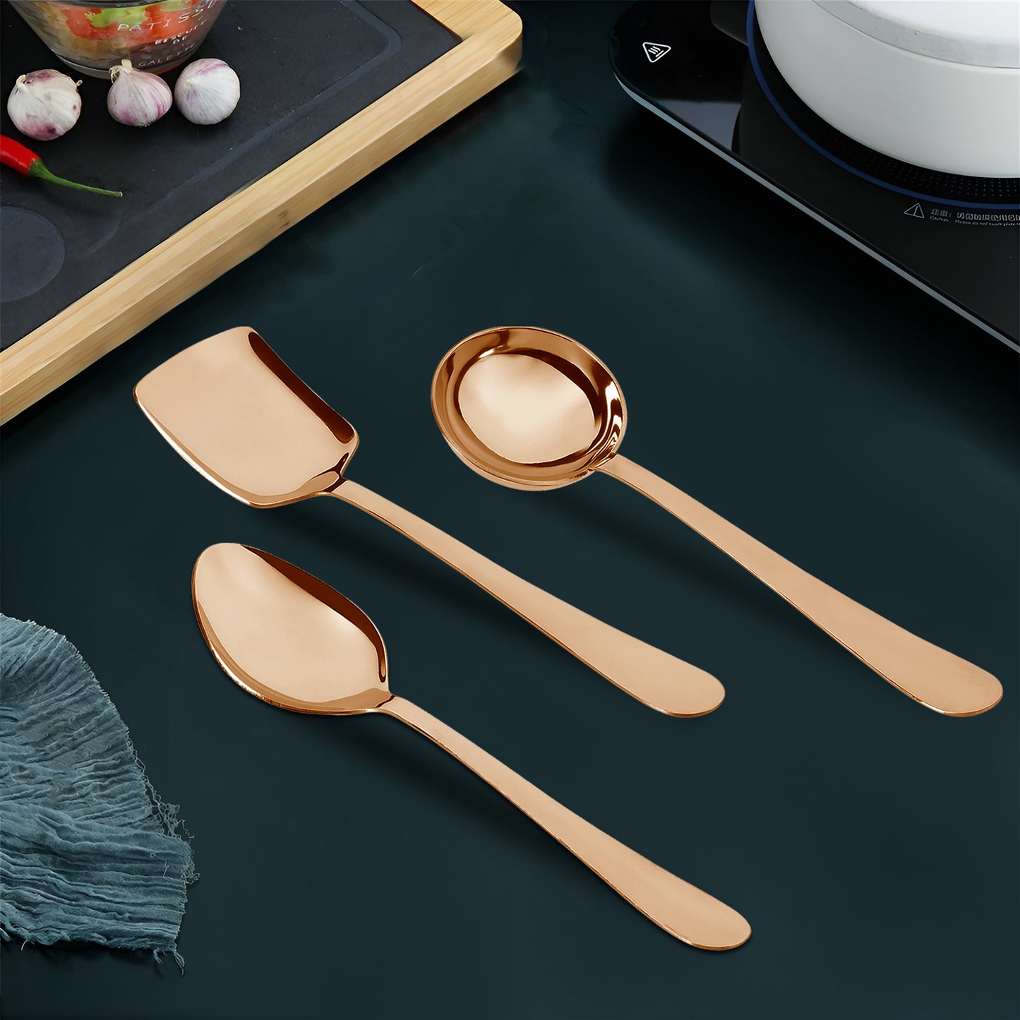 6-Piece Stainless Steel Rose Gold Serving Spoon Set | Heavy Gauge 1.8mm, 2 Soup, 2 Solid & 2 Rice Spoons