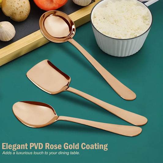 6-Piece Stainless Steel Rose Gold Serving Spoon Set | Heavy Gauge 1.8mm, 2 Soup, 2 Solid & 2 Rice Spoons