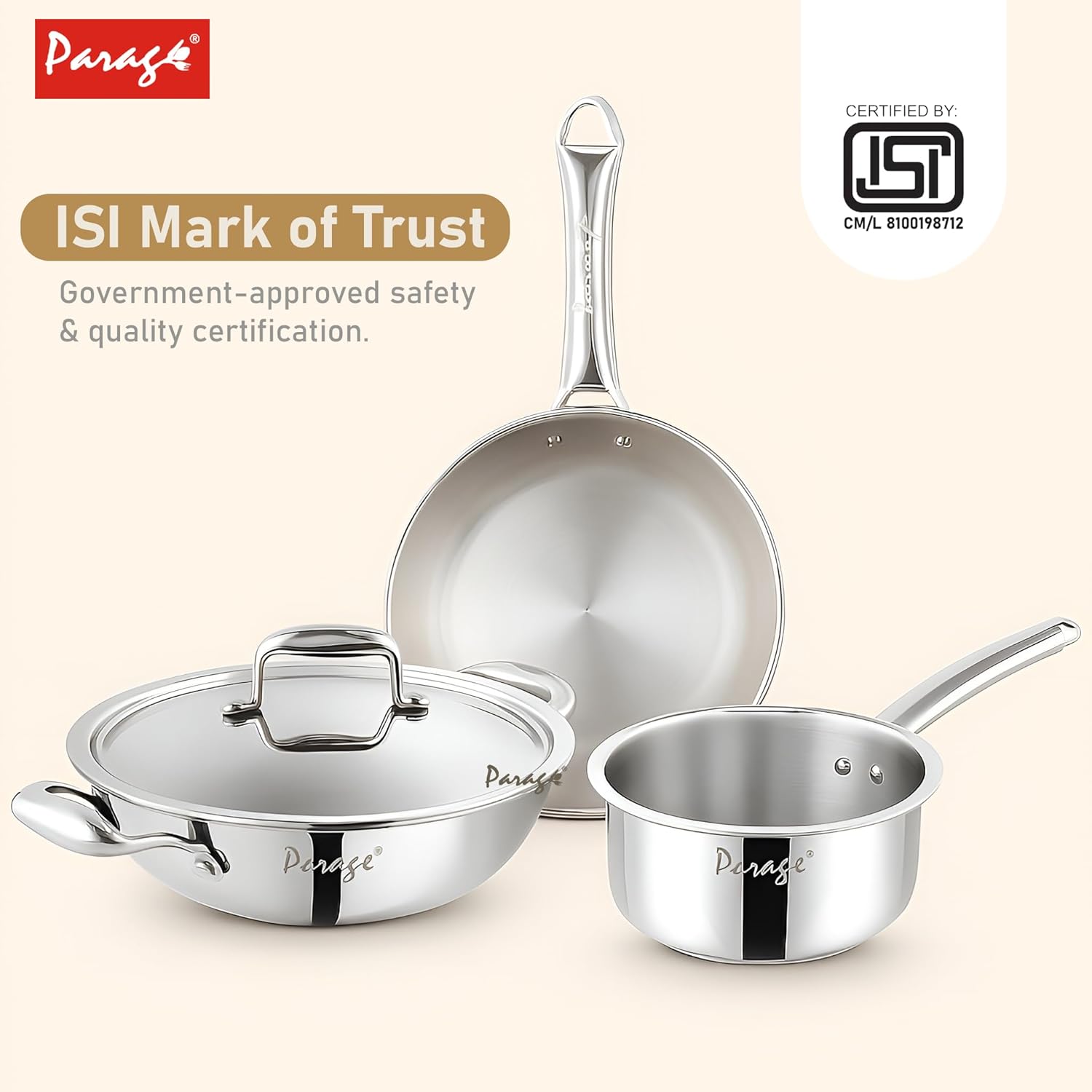 Stainless Steel Cookware Set | 24cm Kadhai with Lid, 24cm Frypan & 16cm Saucepan, Induction & Gas Compatible, Even Heat, Dishwasher Safe, 5-Year WarrantyTPCOMBO41 4