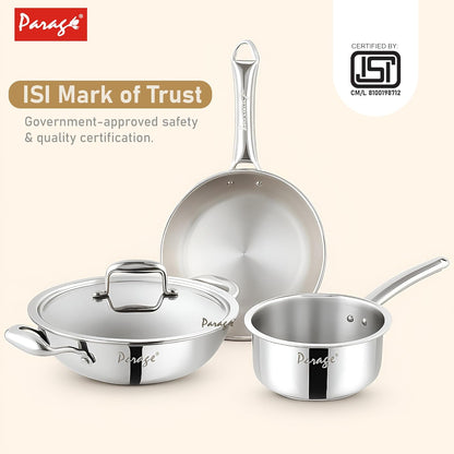 Stainless Steel Cookware Set | 24cm Kadhai with Lid, 24cm Frypan & 16cm Saucepan, Induction & Gas Compatible, Even Heat, Dishwasher Safe, 5-Year WarrantyTPCOMBO41 4