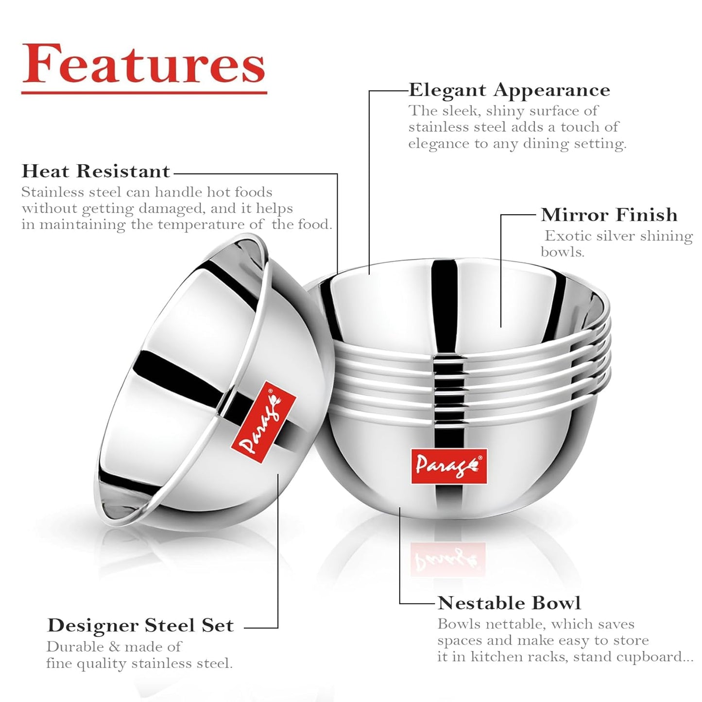 6 Pcs Stainless Steel Bowls/Katori/Wati - Heavy Gauge, Mirror Finish, 220 ml Each, Silver Set6PCVBOWL5.51 4