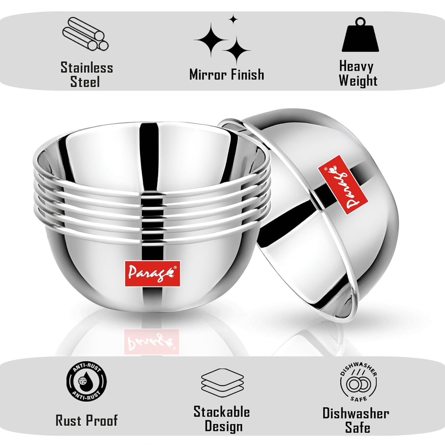 6 Pcs Stainless Steel Bowls/Katori/Wati - Heavy Gauge, Mirror Finish, 220 ml Each, Silver Set6PCVBOWL5.51 3