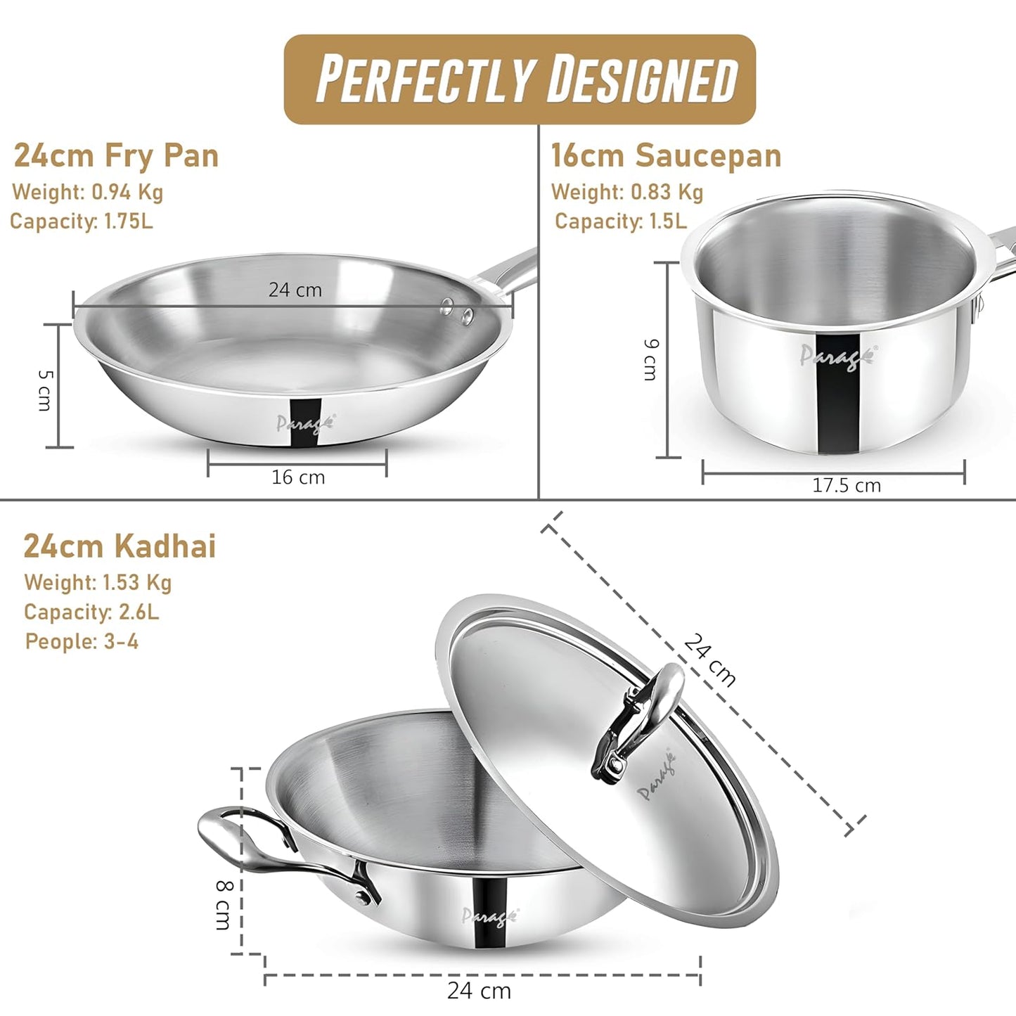 Stainless Steel Cookware Set | 24cm Kadhai with Lid, 24cm Frypan & 16cm Saucepan, Induction & Gas Compatible, Even Heat, Dishwasher Safe, 5-Year WarrantyTPCOMBO41 2