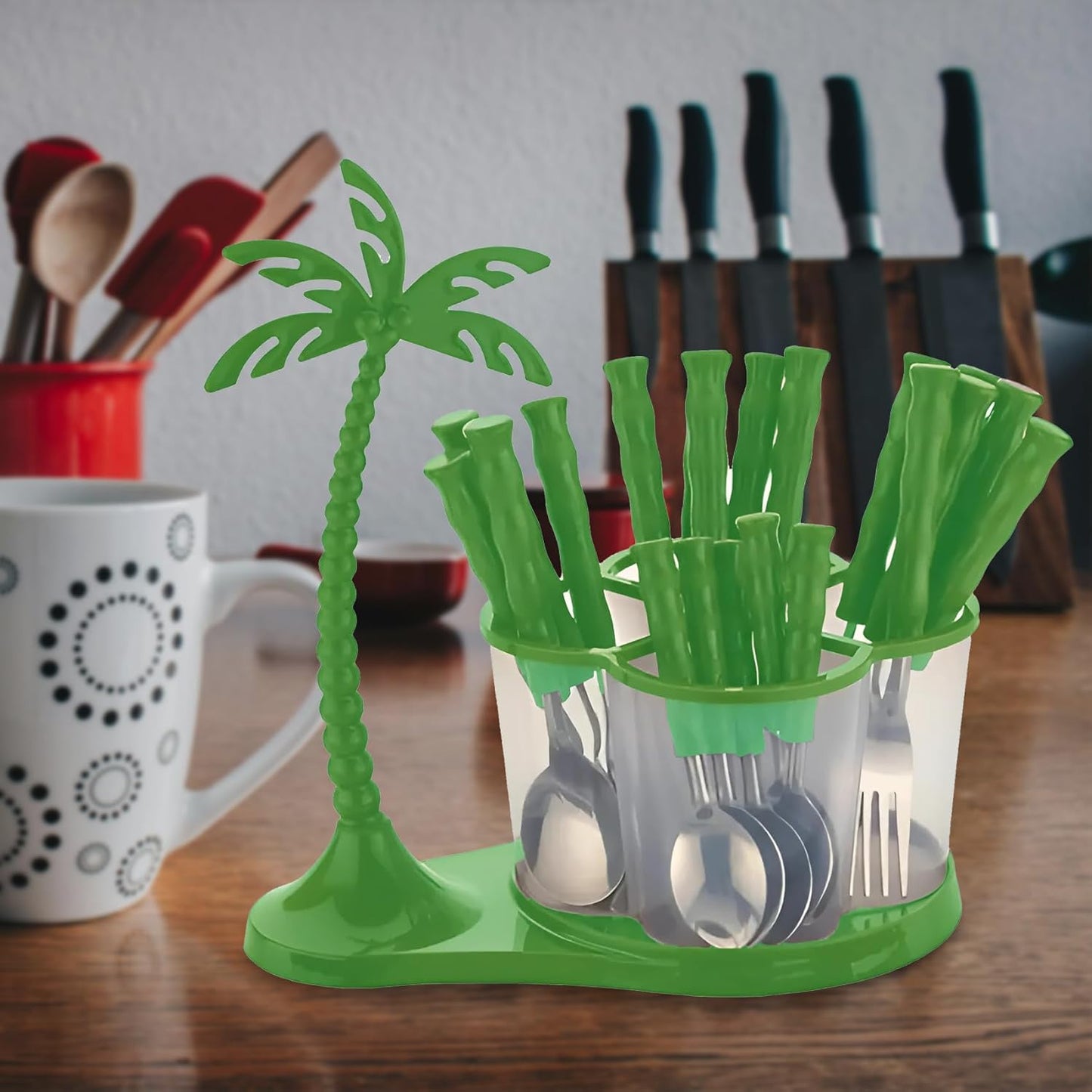 25 Pcs Stainless Steel Cutlery Set with Stand & Storage Box for Kitchen | Green TREE1083PCG 5
