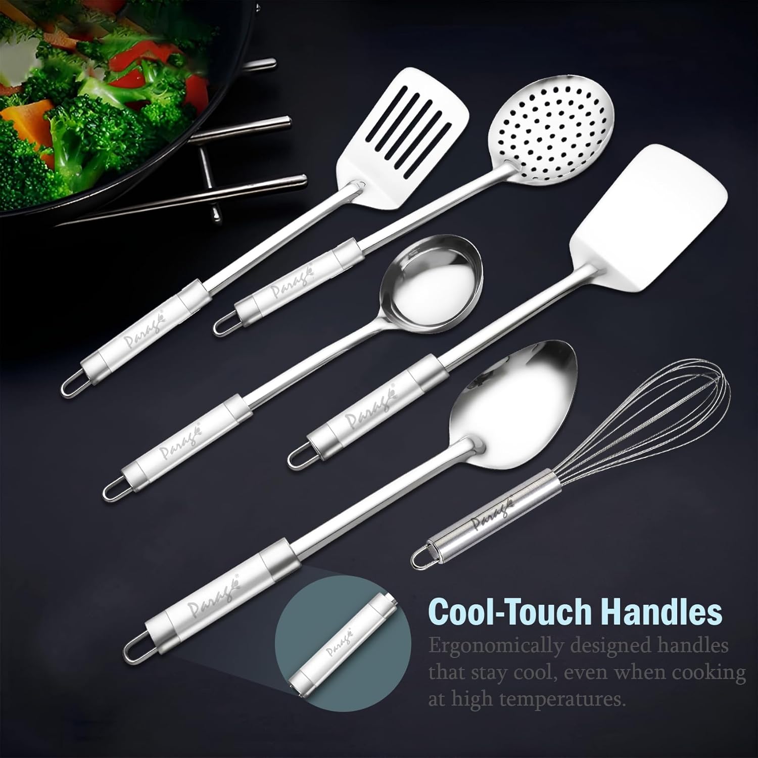 6-Piece Stainless Steel Kitchen Tools Set | Basting Spoon, Ladle, Slotted Turner, Skimmer, Spatula & Egg Whisk (Silver)