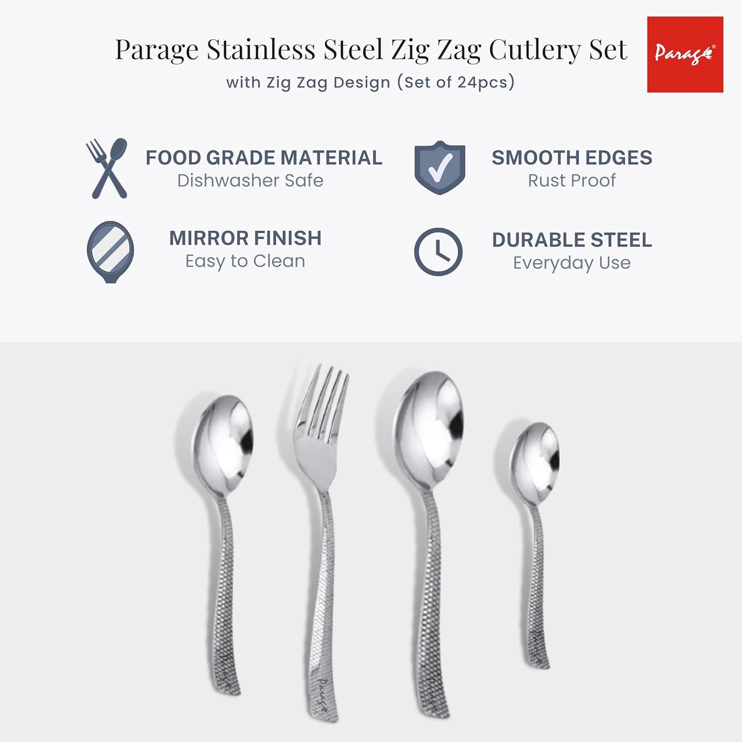 24 Pcs Stainless Steel Cutlery Set for Home & Kitchen | Silver Dining Tableware PC1203ZIG 5