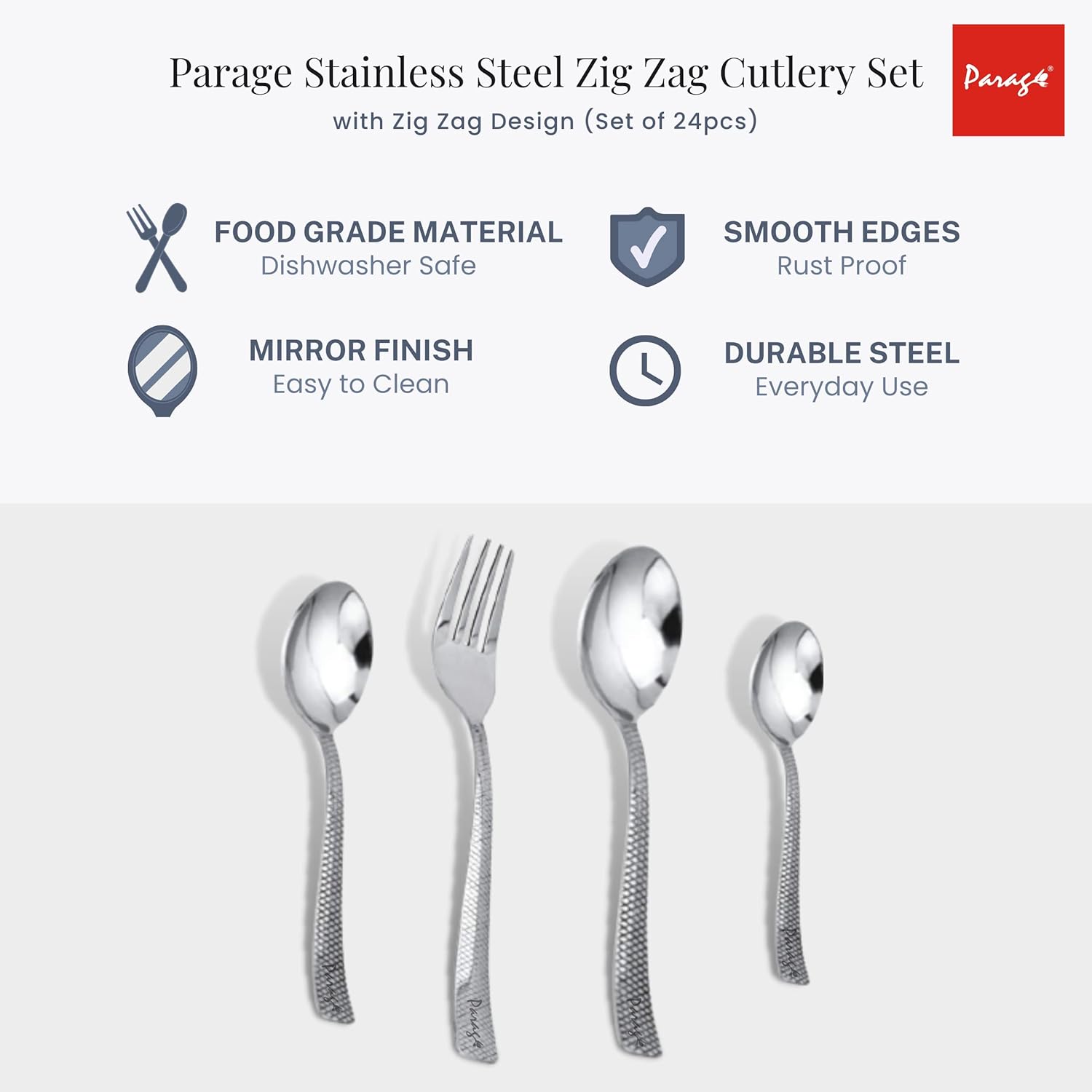 24 Pcs Stainless Steel Cutlery Set for Home & Kitchen | Silver Dining Tableware PC1203ZIG 5