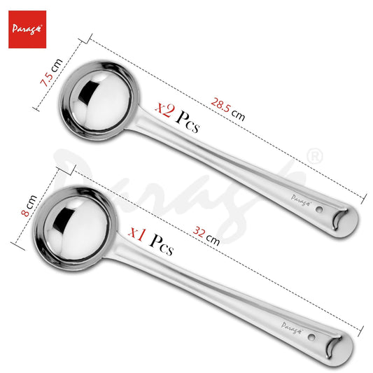3-Piece Stainless Steel Ladle Set | Karchi/Soup Ladle/Kalchun, Silver (12.5” x1 & 11” x2)