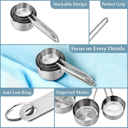 4 Pcs Stainless Steel Measuring Cups - Stackable Professional Set with Wire Handles for Dry & Liquid Ingredients, Cooking & Baking, Kitchen GadgetsWMSRCP1 3