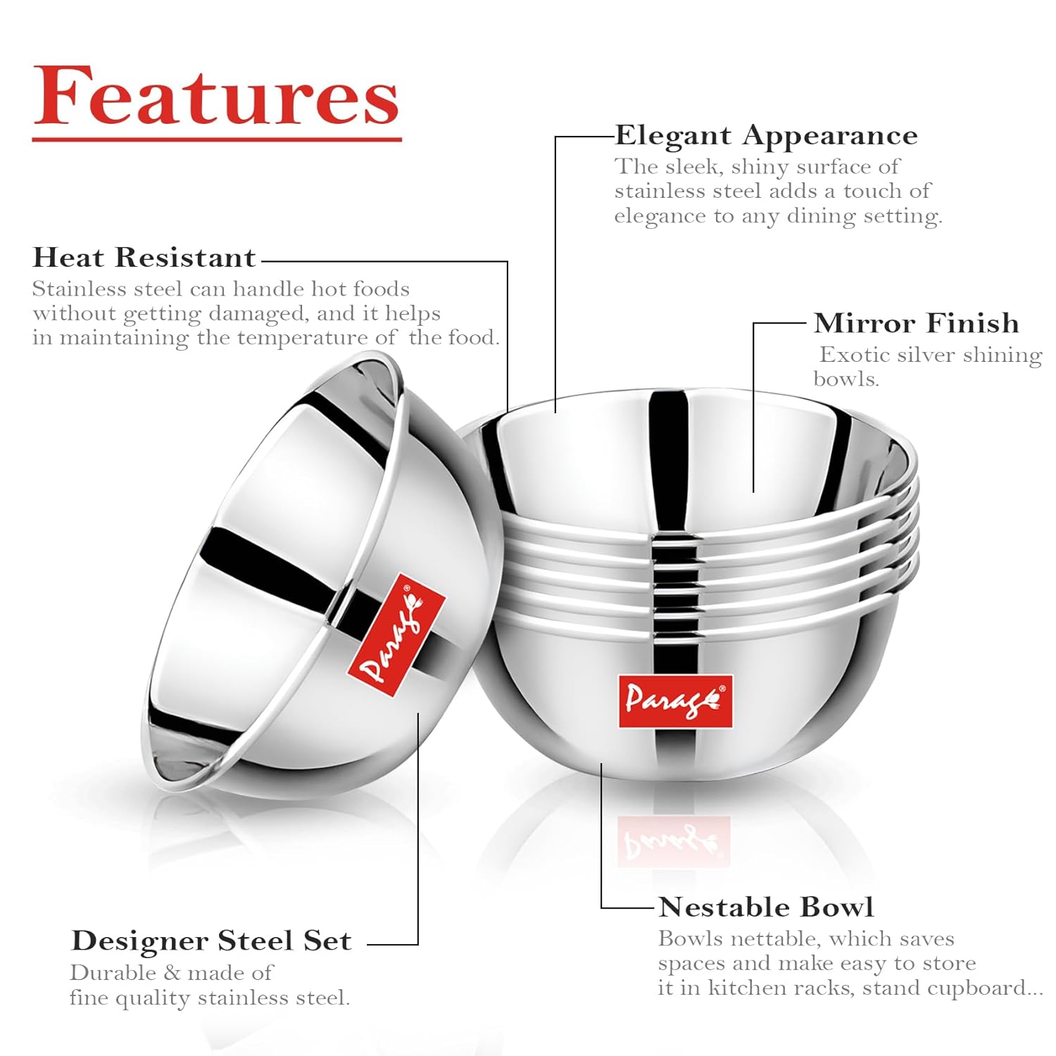 9 Pcs Stainless Steel Bowls/Katori/Wati - Heavy Gauge, Mirror Finish, 220 ml Each, Silver Set9PCVBOWL5.51 4