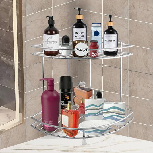 2-Tier Stainless Steel Corner Shelf Rack | Multipurpose Organizer for Kitchen & Bathroom, 23×23×33 cm (Chrome)