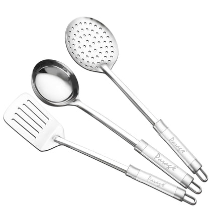 3 Pieces Stainless Steel Kitchen Tool Set for Cooking & Serving - Turner, Skimmer & Ladle with Dual Tone Handle (Silver)