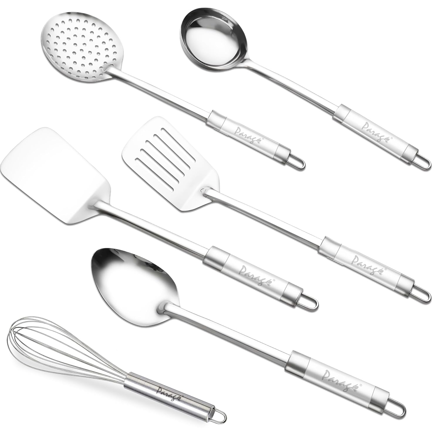 6-Piece Stainless Steel Kitchen Tools Set | Basting Spoon, Ladle, Slotted Turner, Skimmer, Spatula & Egg Whisk (Silver)