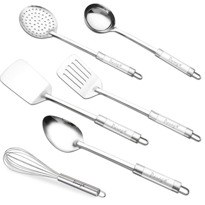 6-Piece Stainless Steel Kitchen Tools Set | Basting Spoon, Ladle, Slotted Turner, Skimmer, Spatula & Egg Whisk (Silver)
