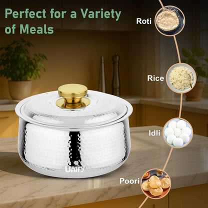 Inox Stainless Steel Insulated Casserole 2200ml | PVD Gold Handle Hot Pot | Hammered Finish, Silver INOX-2200ML 5