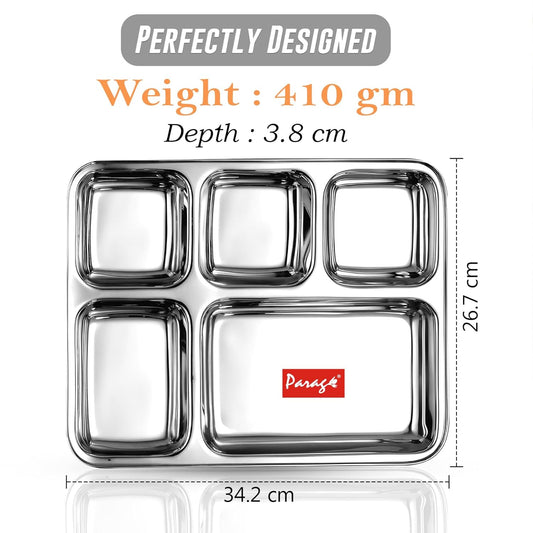 6pc Stainless Steel 3-Compartment Thali | Dinner Plate | Silver