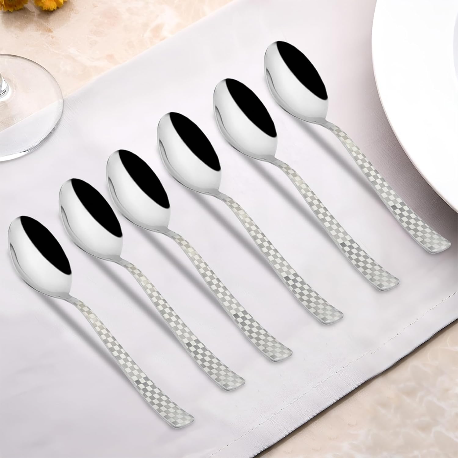 6 Pieces Stainless Steel Premium Dinner Spoon Set, 18.5 cm, Silver, Checks Design 6CHESSDS 1