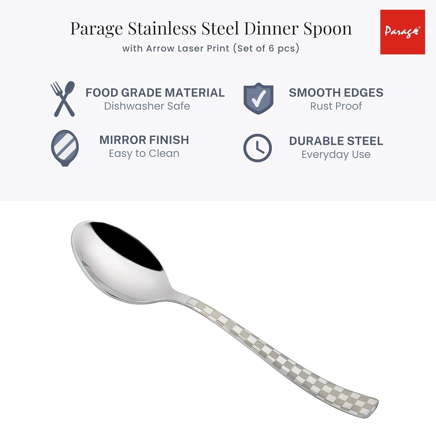 6 Pieces Stainless Steel Premium Dinner Spoon Set, 16 cm, Silver, Checks Design 6CHESSBS 5