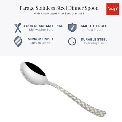6 Pieces Stainless Steel Premium Dinner Spoon Set, 16 cm, Silver, Checks Design 6CHESSBS 5