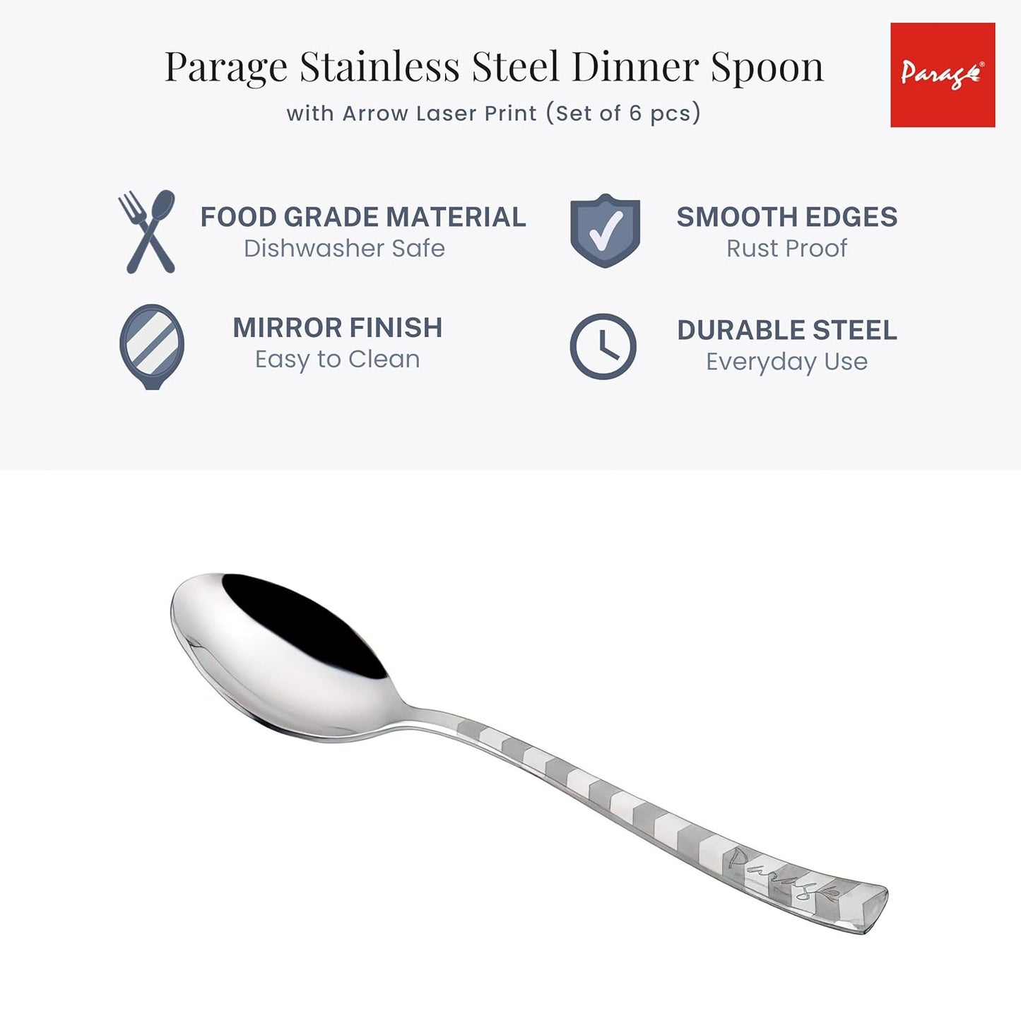 Stainless Steel Spoon Set of 6 | Arrow Design Dinner Spoons for Home & Kitchen | 16 cm, Silver 6ARROWBS 5