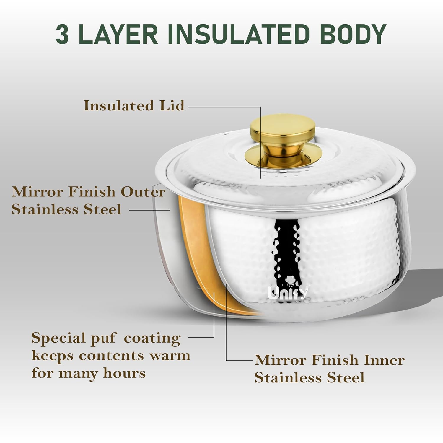 Inox Stainless Steel Insulated Casserole 2200ml | PVD Gold Handle Hot Pot | Hammered Finish, Silver INOX-2200ML 3