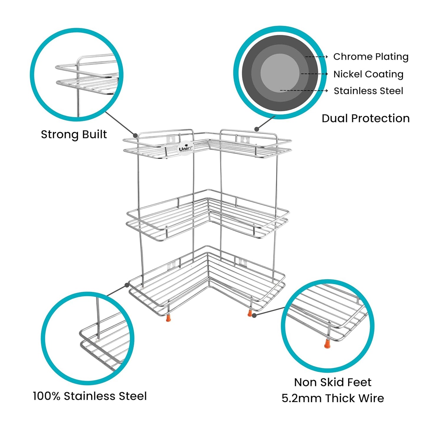 3-Tier Stainless Steel L-Corner Shelf Rack | Multipurpose Organizer for Kitchen & Bathroom, 31×31×46 cm (Silver/Chrome) L3cornerstand 3