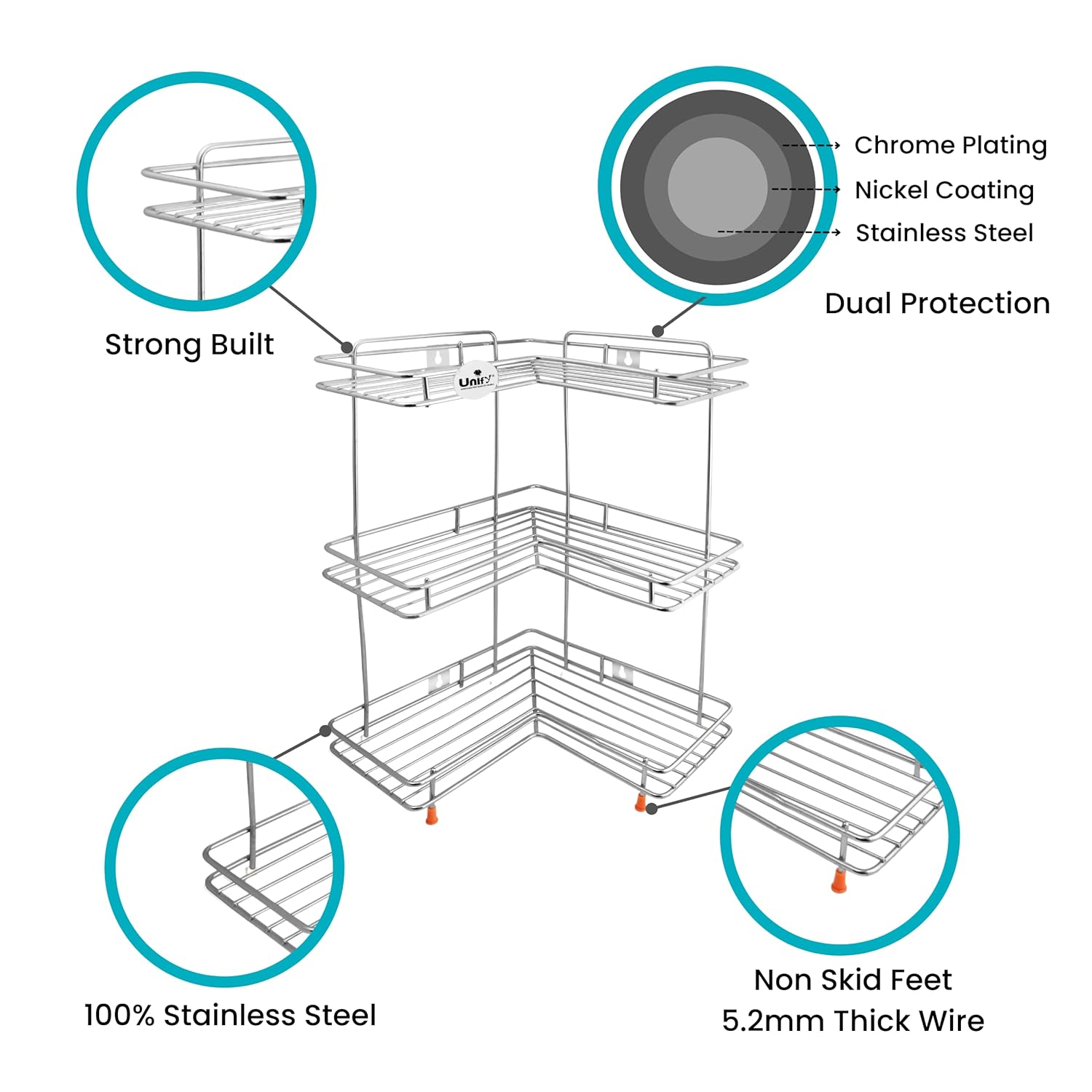 3-Tier Stainless Steel L-Corner Shelf Rack | Multipurpose Organizer for Kitchen & Bathroom, 31×31×46 cm (Silver/Chrome) L3cornerstand 3