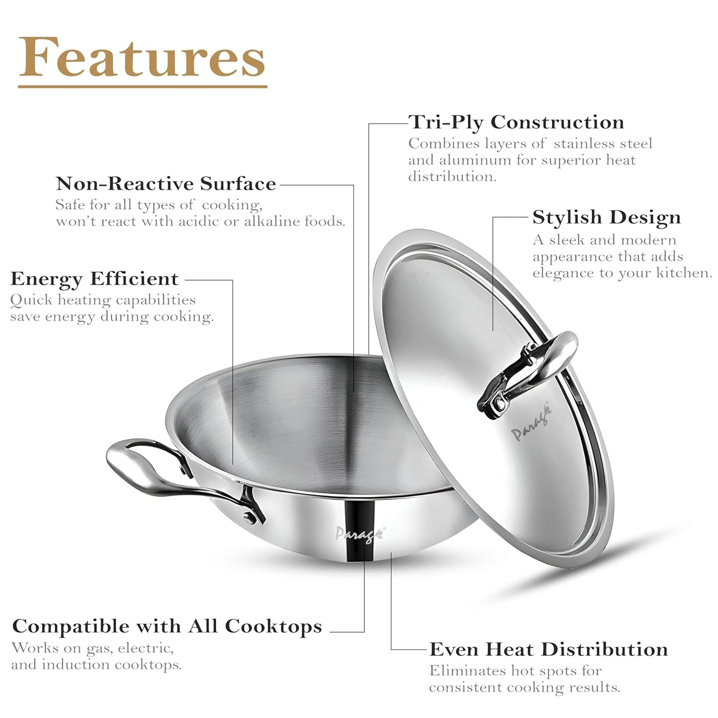 Tripure Triply Stainless Steel Kadai with Lid 26 cm, 3.2L | Induction & Gas Compatible TPKADHAI26CM 2