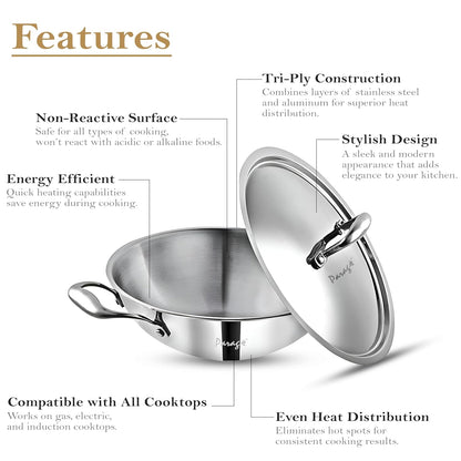 Tripure Triply Stainless Steel Kadai with Lid 26 cm, 3.2L | Induction & Gas Compatible TPKADHAI26CM 2