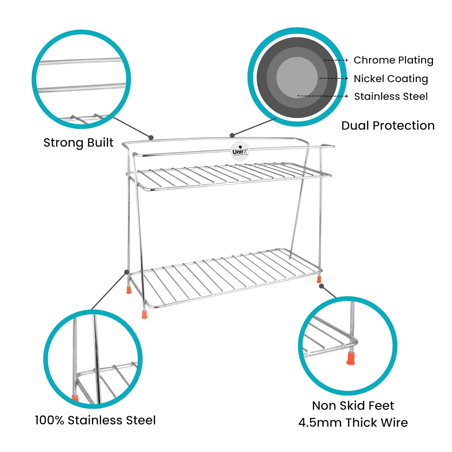 2 Tier Stainless Steel Kitchen Rack | Trolley Organizer & Storage Shelf Silver PCSHELF2 4
