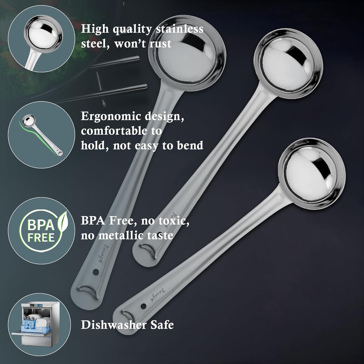 3-Piece Stainless Steel Ladle Set | Karchi/Soup Ladle/Kalchun, Silver (12.5” x1 & 11” x2)
