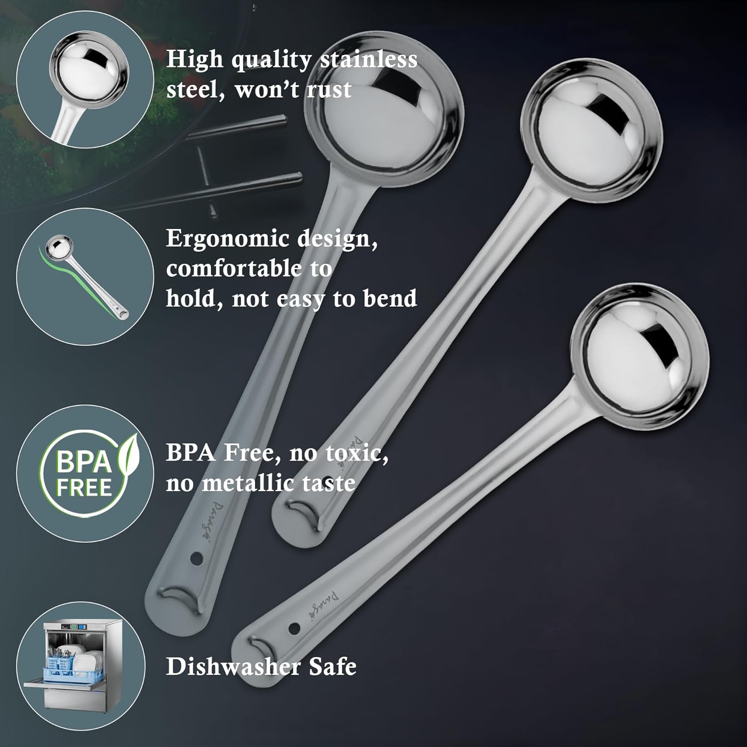 3-Piece Stainless Steel Ladle Set | Karchi/Soup Ladle/Kalchun, Silver (12.5” x1 & 11” x2)