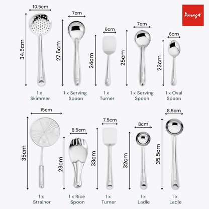 10-Piece Stainless Steel Cooking Spoons Set | Ladle, Turner, Strainer, Rice & Serving Spoons