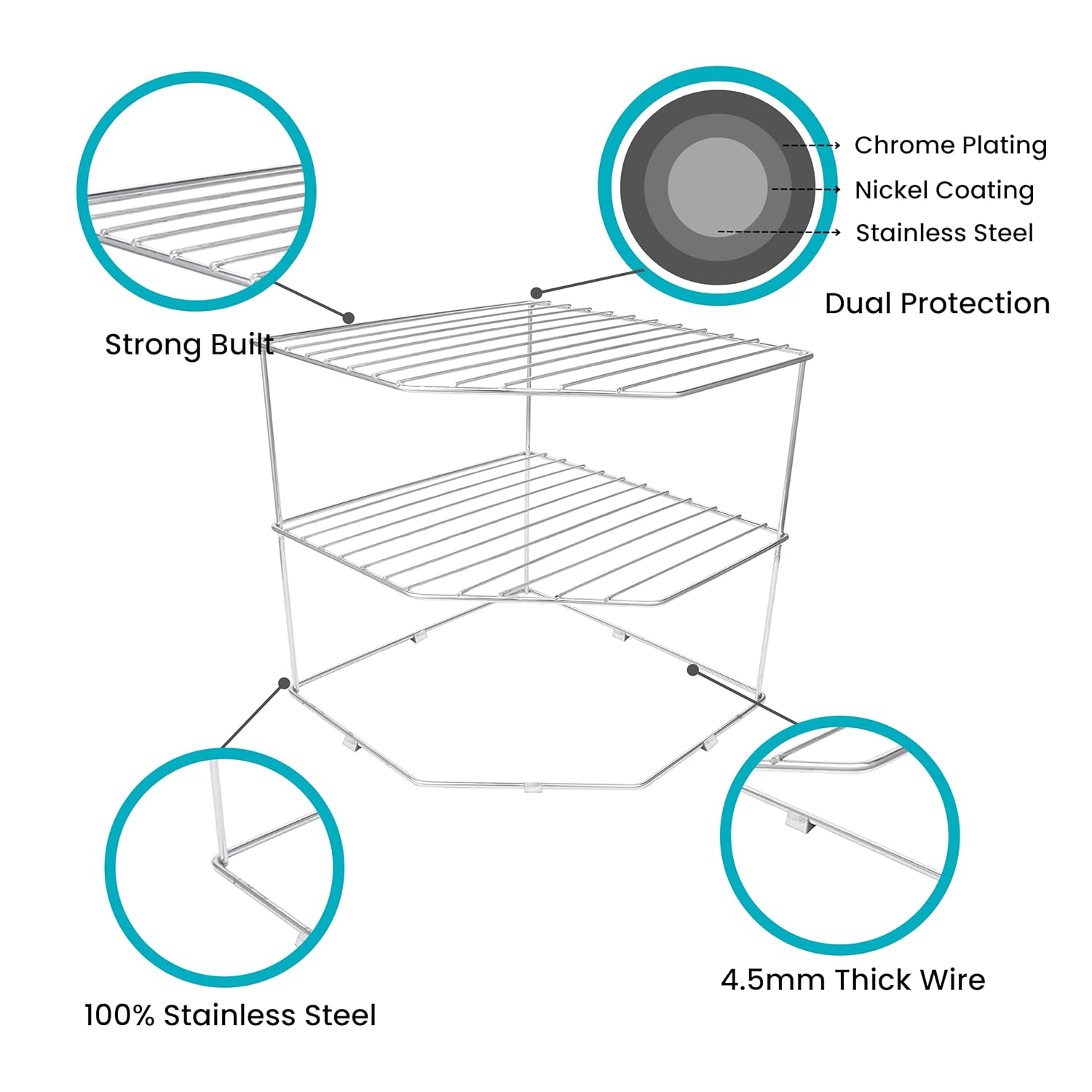 Multipurpose Stainless Steel Corner Shelf Rack – 25×25×30?cm, Chrome Finish PCSHELF3 3