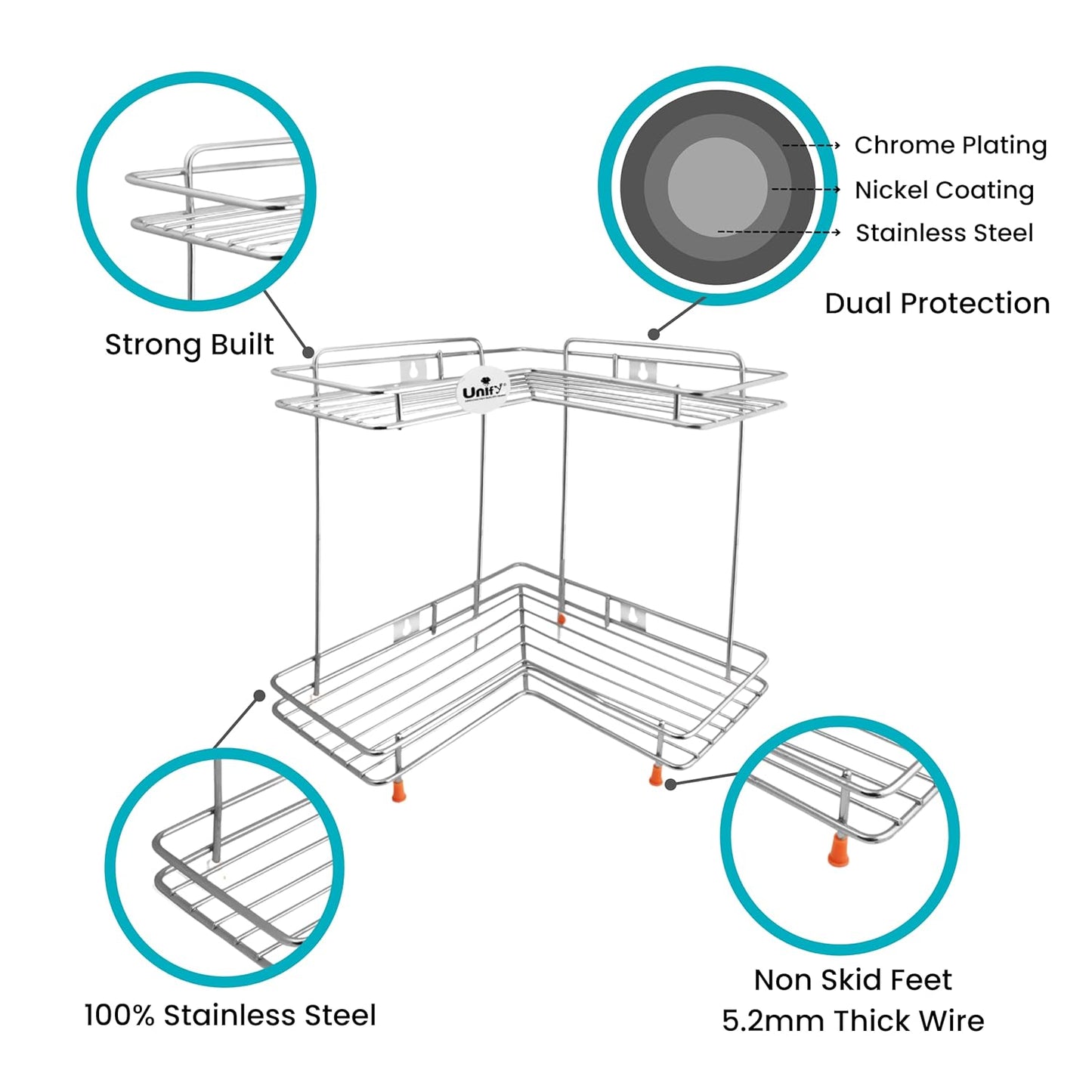 2-Tier Stainless Steel L-Corner Shelf Rack – 31×31×33cm, Chrome FinishL2cornerstand1 3