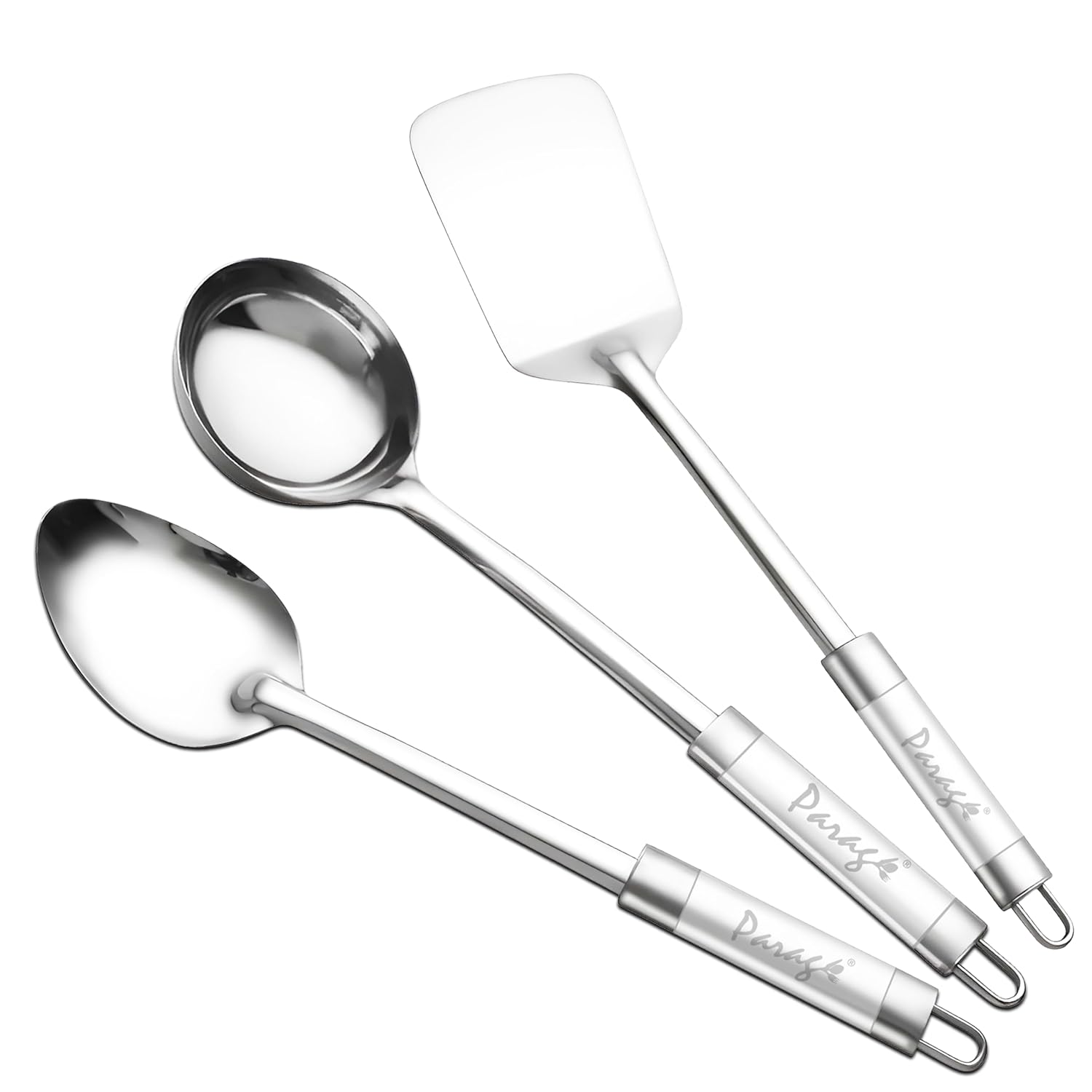 3-Piece Stainless Steel Kitchen Tools Set | Basting Spoon, Ladle & Turner with Dual Tone Handles, Silver Finish - Cooking & Serving